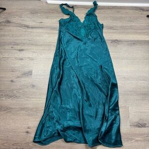 Victoria's Secret Teal Satin Lingerie Vtg Gold Label Slip Dress Lace Gown Long